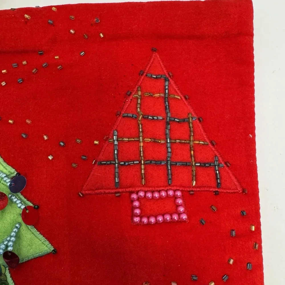 Vintage Christmas Stocking Red Embellished Trees Embroidery‎ Beaded